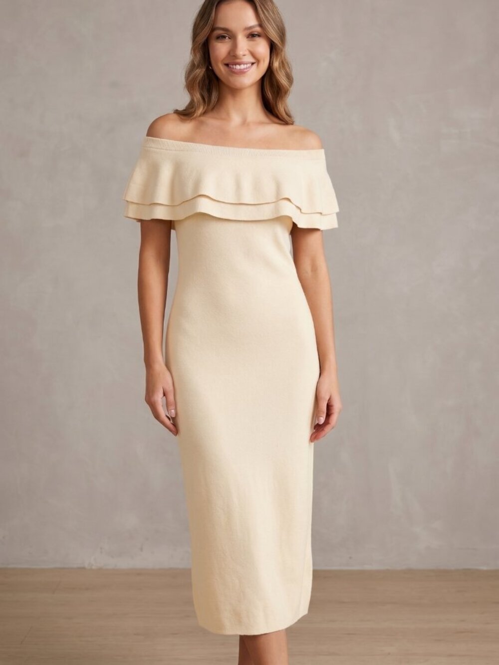 NWT ZESICA Beige Strapless Ruffle Foldover Knit Back Slit Maxi Dress Large